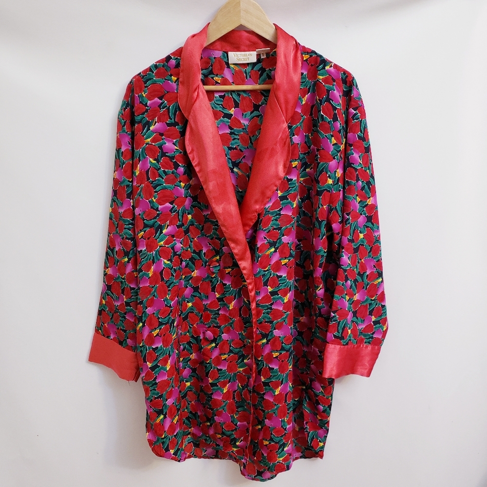 Vintage Victoria's Secret Gold Label Red & Pink Tulip Shiny Robe, Size M